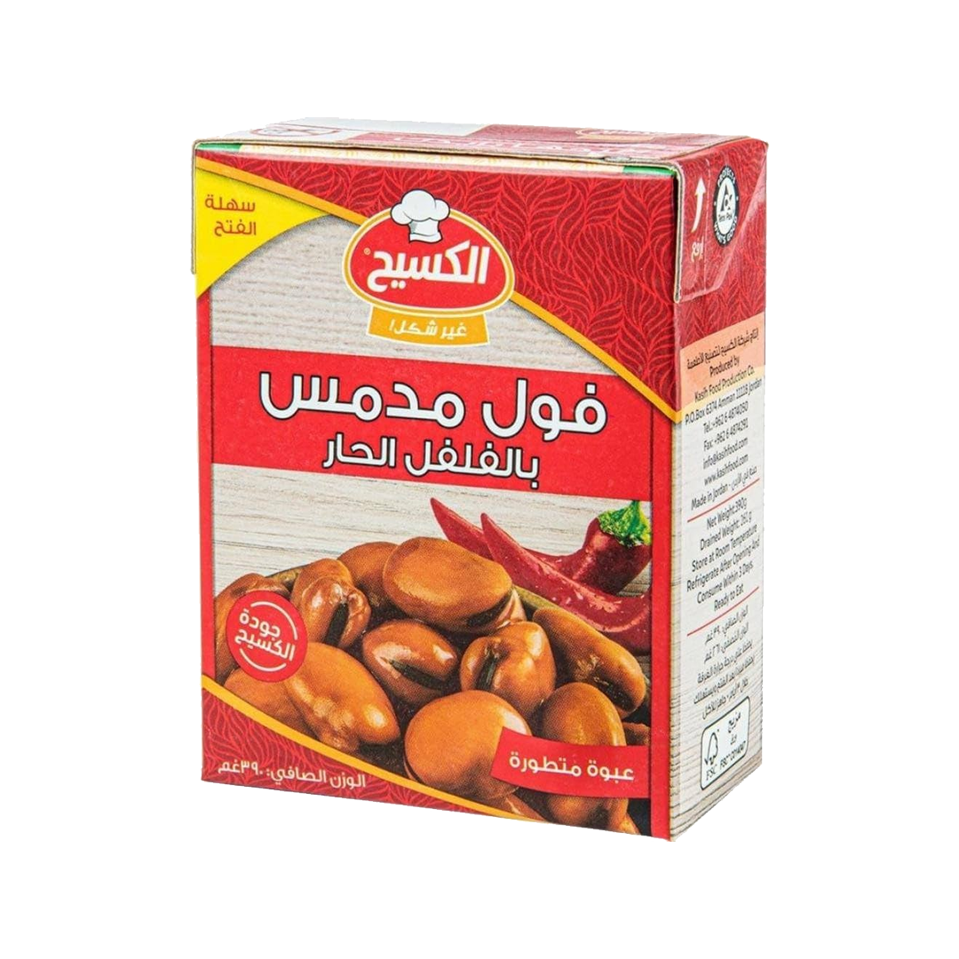 Kasih Foul Medammas W/Red Chili 390gm الكسيح فول مدمس حبة كبيرة بالفلفل الحار 24*390 جرام