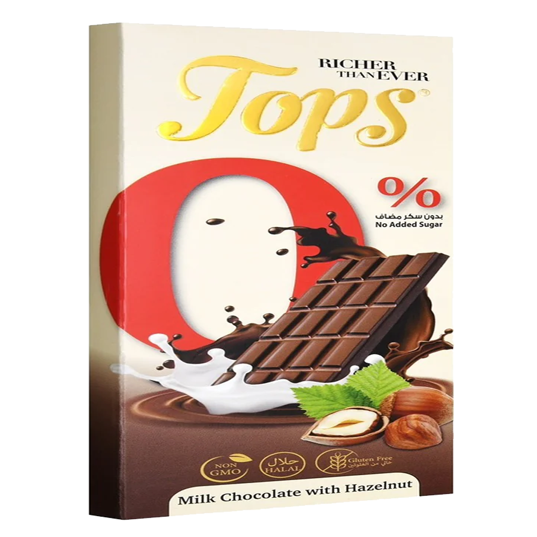 Tops Milk Chocolate W/ Hazelnut 0% Sugarfree 60g توبس شكولاته بالبندق بدون سكر 60 جم