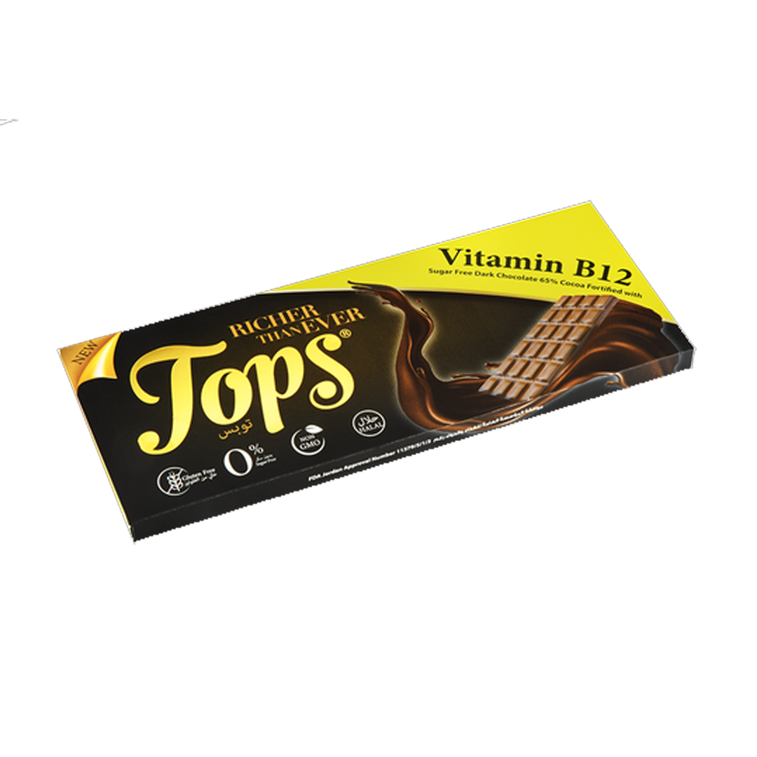 Tops Sugarfree Dark Chocolate Vitamin B12 60g توبس شوكلاتة بدون سكر فايتمين 12 60جرام