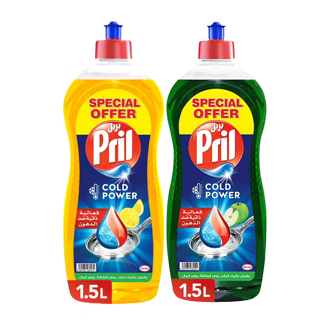 Pril Dishwash Lemon 1.5 ltr + Apple 1.5 ltr Spcl Offer بريل غسيل صحون ليمون 1.5 لتر +تفاح 1.5 لتر