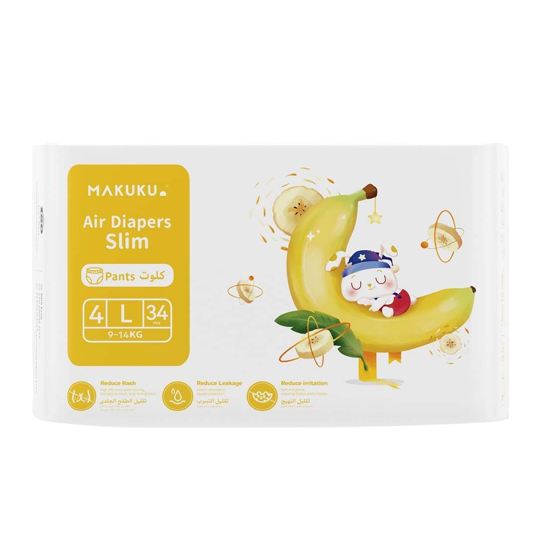 Makuku Air Diapers Slim Pants Size-4 L 34 's حفاضات ماكوكو الهوائية الرفيعه كلوت مقاس L 4قطعه34