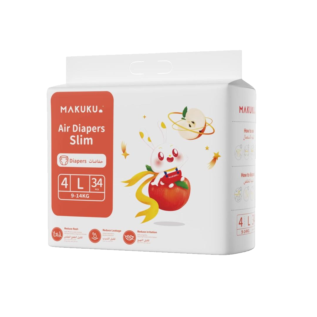 Makuku Air Diapers Slim Size-4 Large 34'sحفاضات ماكوكو الهوائية الرفيعه شريط لاصق مقاس4 كبير 34 قطعه