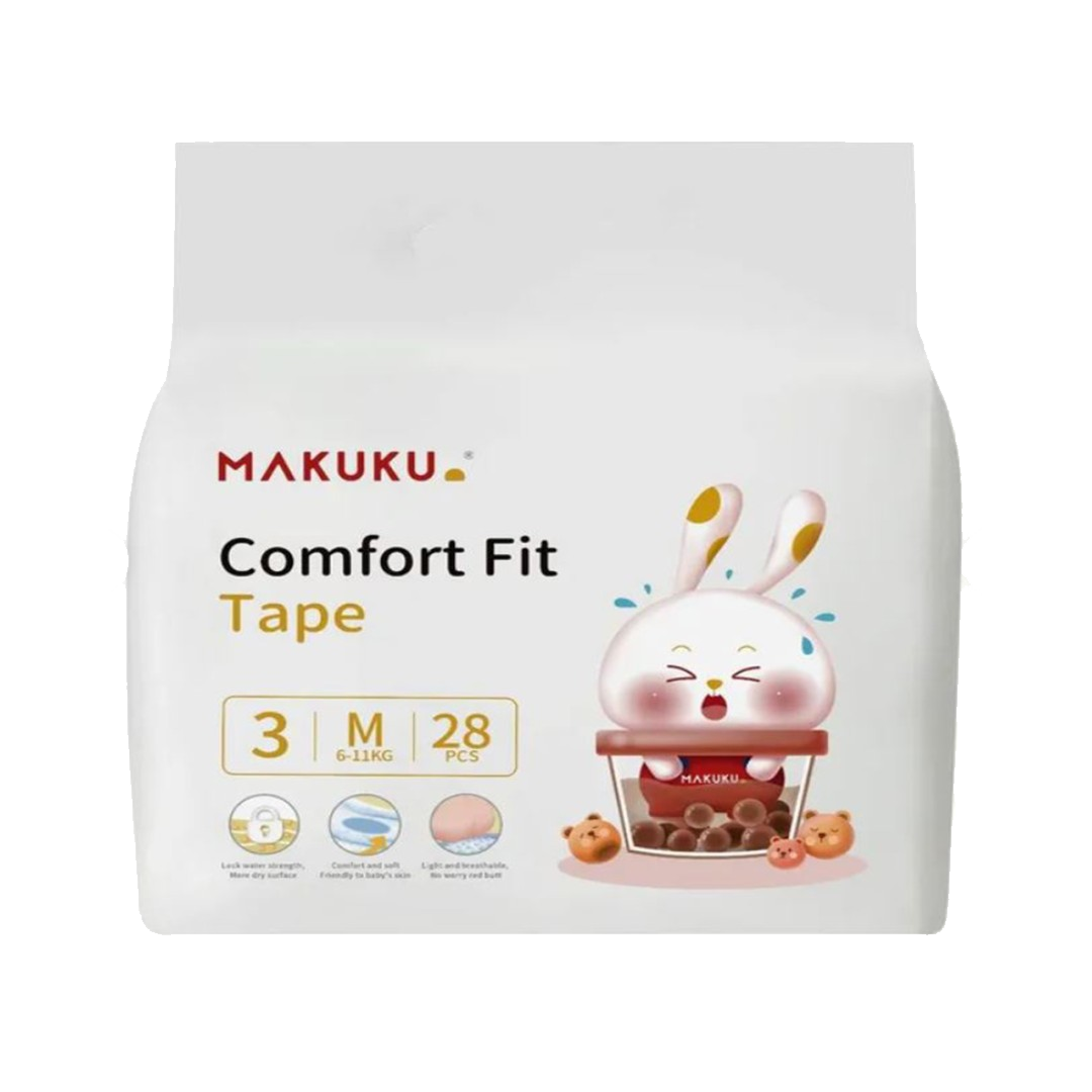 Makuku Comfort Fit Tape Size 3 Medium 28's ماكوكو كمفورت فيت حفايض للاطفال مقاس (3) 28حفاض