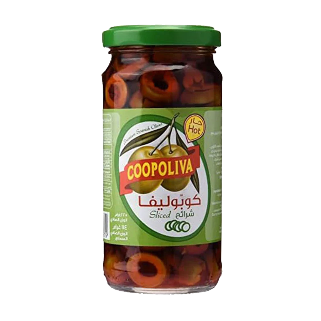 Coopoliva Sliced Green Olives Hot Pepper 114gm كوبوليفا زيتون اخضر شرائح حار 114غ