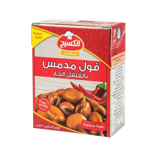 Kasih Foul Medammas W/Red Chili 390gm الكسيح فول مدمس حبة كبيرة بالفلفل الحار 24*390 جرام