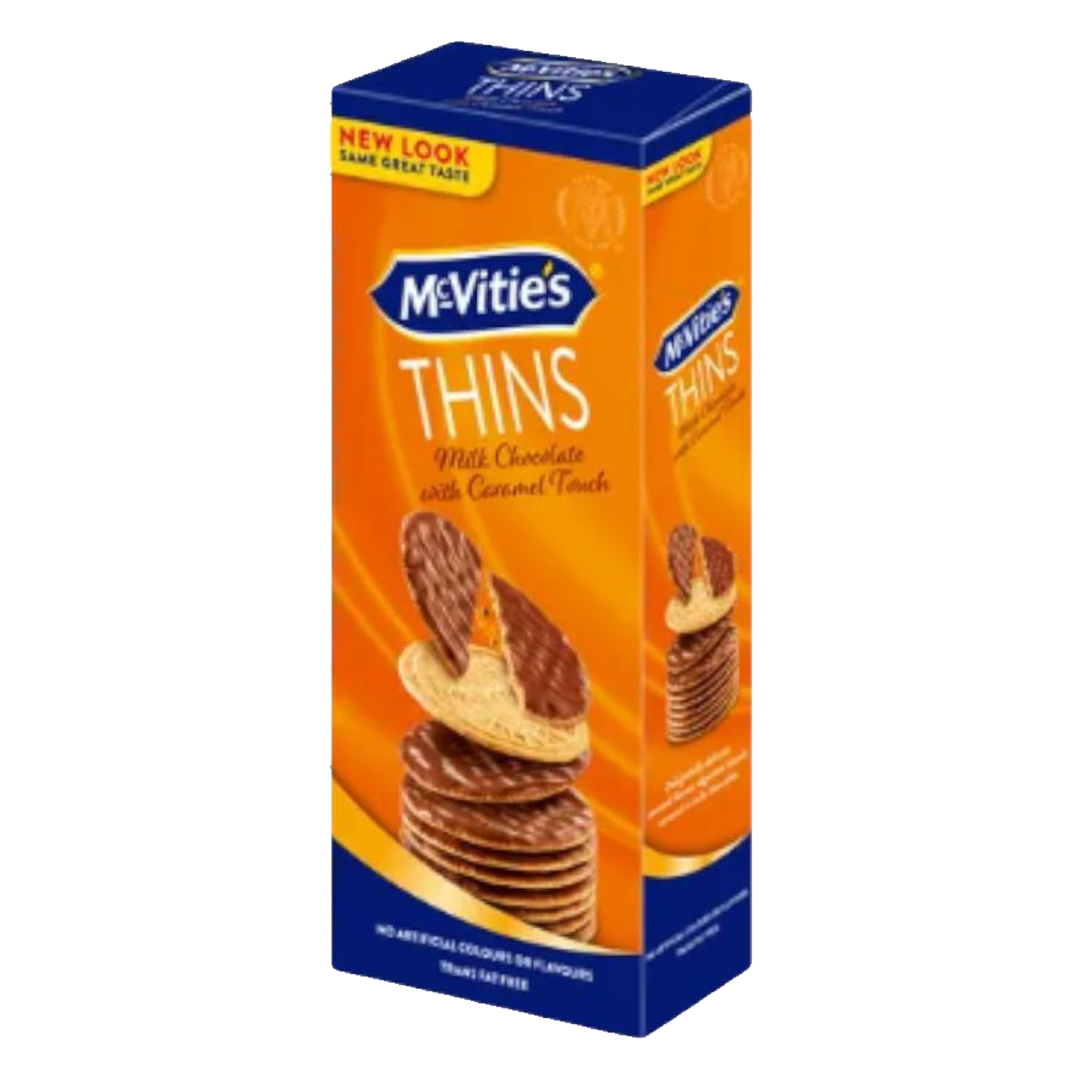 Mcvities Thins Milk Chocolate With Caramel Touch 150g مكفتيز دايجستيف ثينز بسكويت رقيق مع دقيق القمح 150 جرام
