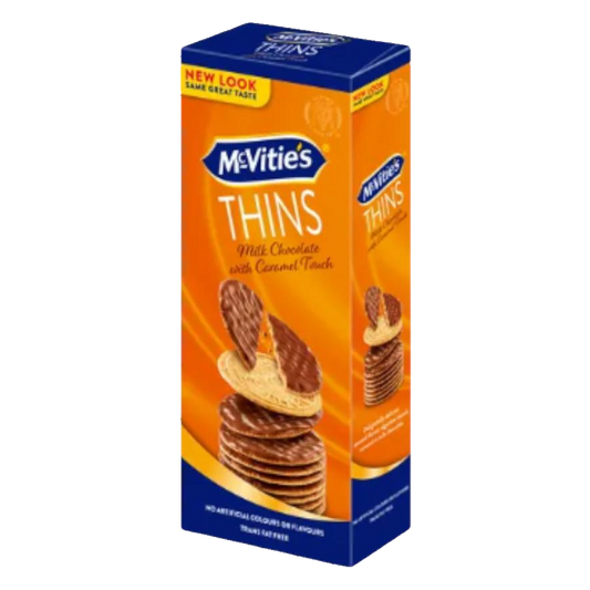 Mcvities Thins Milk Chocolate With Caramel Touch 150g مكفتيز دايجستيف ثينز بسكويت رقيق مع دقيق القمح 150 جرام