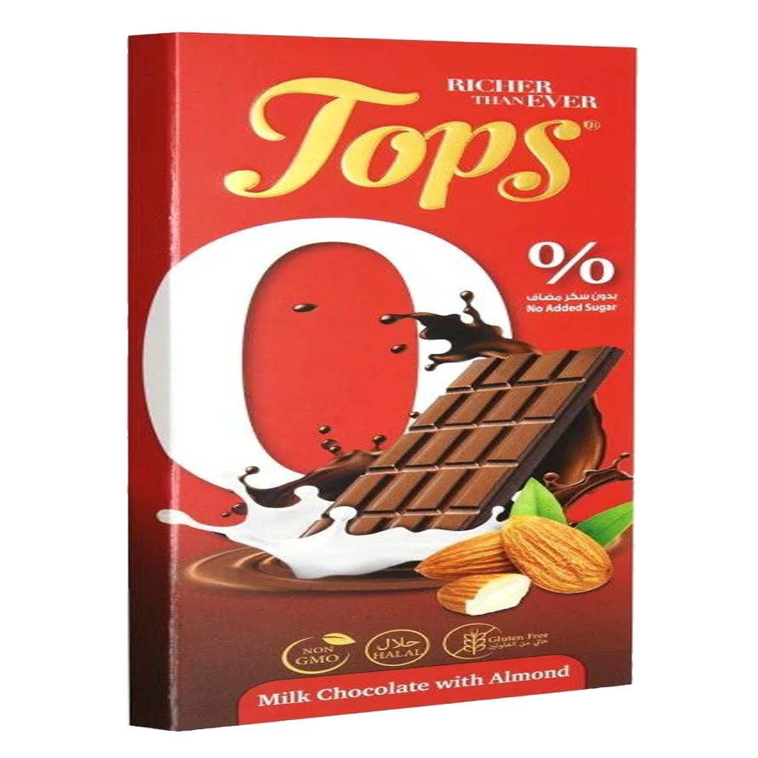 Tops Milk Chocolate With Almonds 60g توبس شكولاته حليب باللوز بدون سكر 60 جم