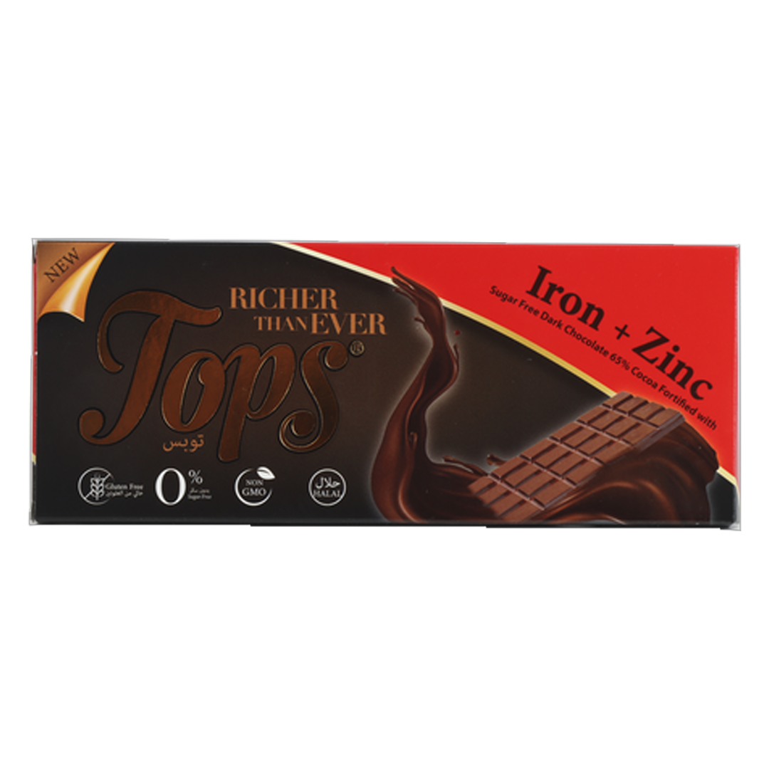 Tops Sugarfree Dark Chocolate Iron+Zinc 60g توبس شوكلاتة بدون سكر فايتمين حديد وزنك 60 جرام