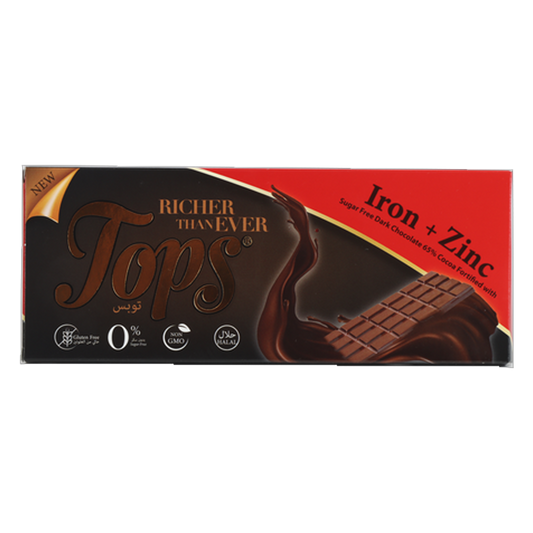 Tops Sugarfree Dark Chocolate Iron+Zinc 60g توبس شوكلاتة بدون سكر فايتمين حديد وزنك 60 جرام