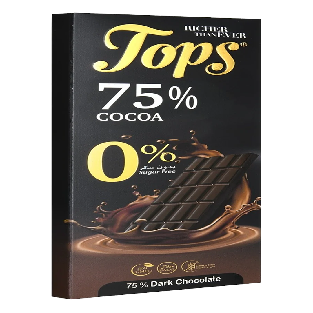 Tops 75% Dark Chocolate Bar 60 g توبس شكولاته غامقة 75% بدون سكر 60 جم