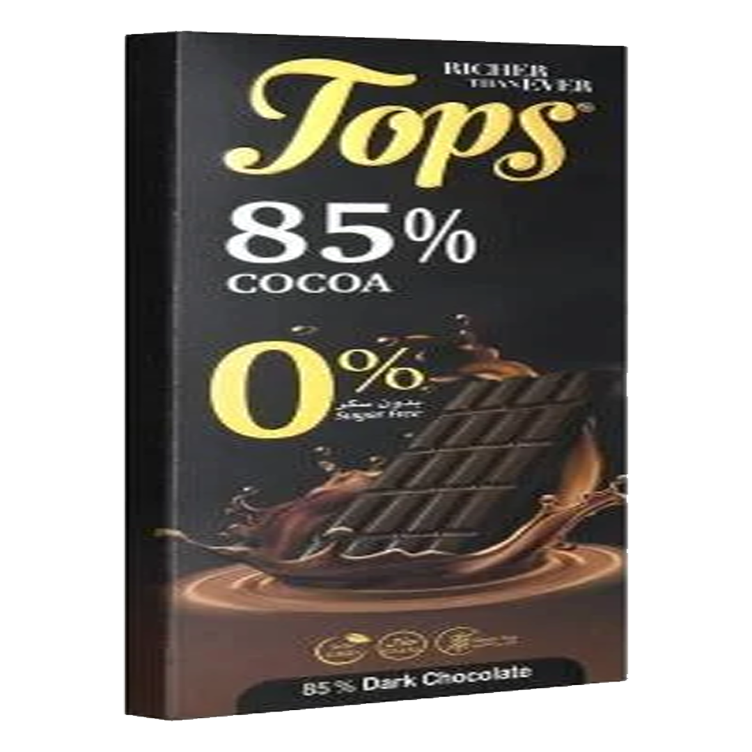 Tops Dark Chocolate 85% Cocoa Sugar Free 60g توبس شكولاته غامقة 85% بدون سكر 60 جم