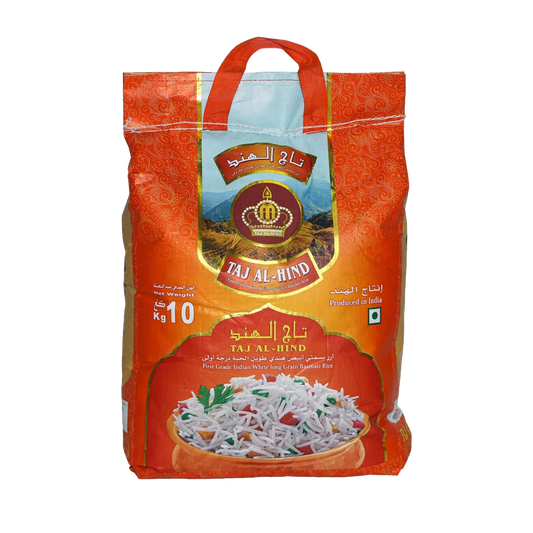 Taj Al-Hind Indian White Basmati Rice 10kg تاج الهند رز بسمتي 10كيلو