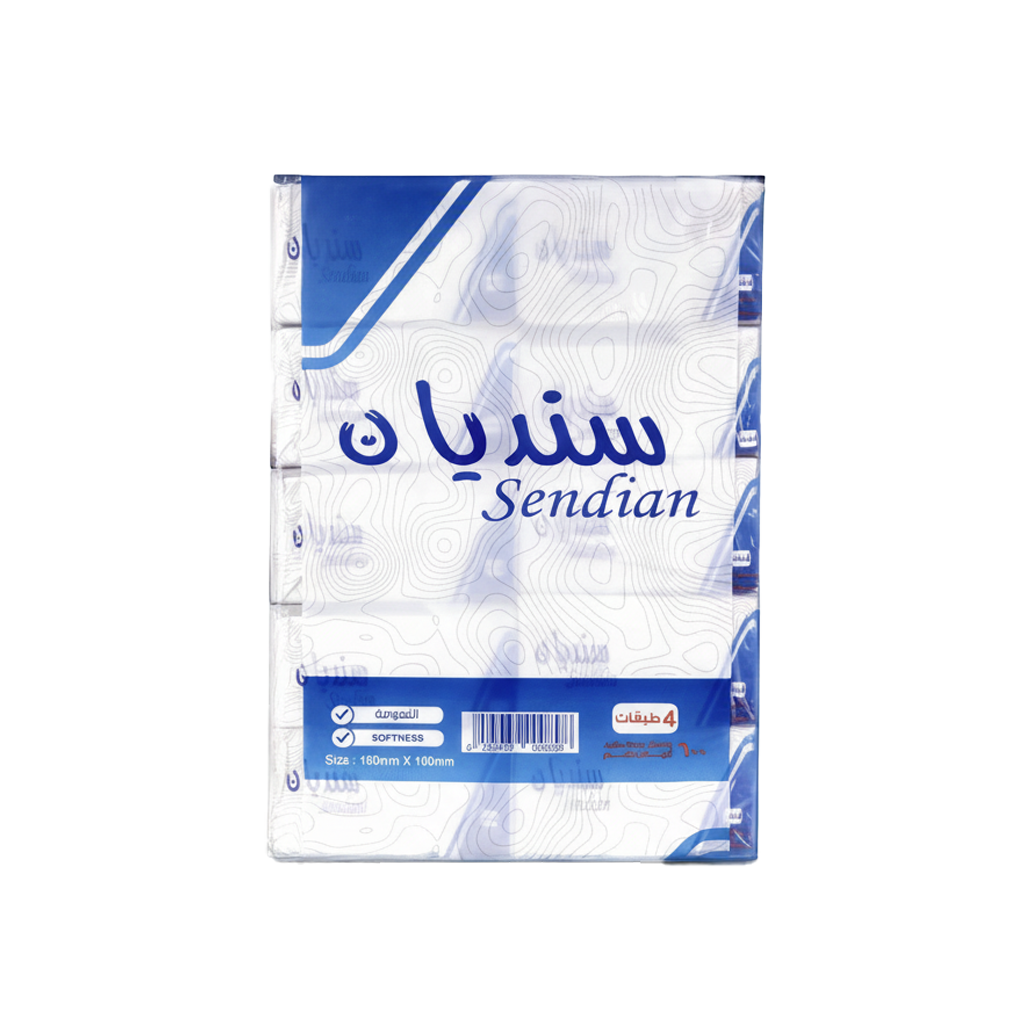 Sendian Single White 4 Ply Soft Tissue 600's سنديان منديل مفرد ابيض ناعم 4 طبقات 600 منديل